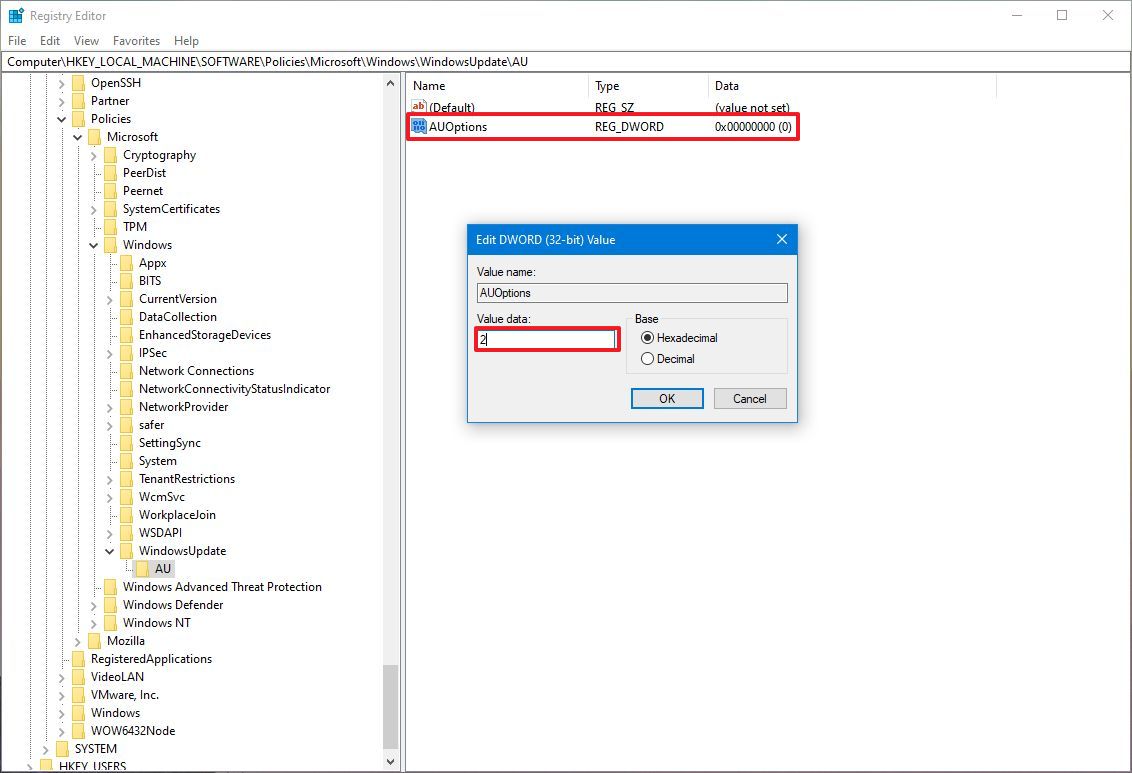 Windows 10 disable updates Registry