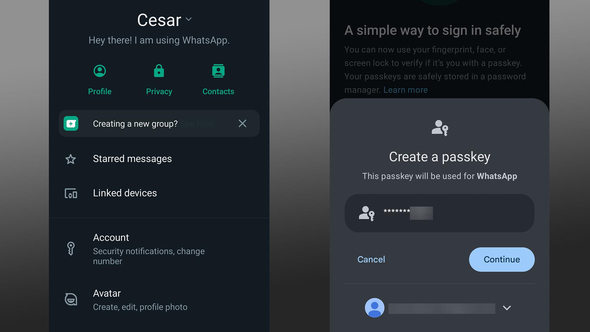 Create a passkey on WhatsApp