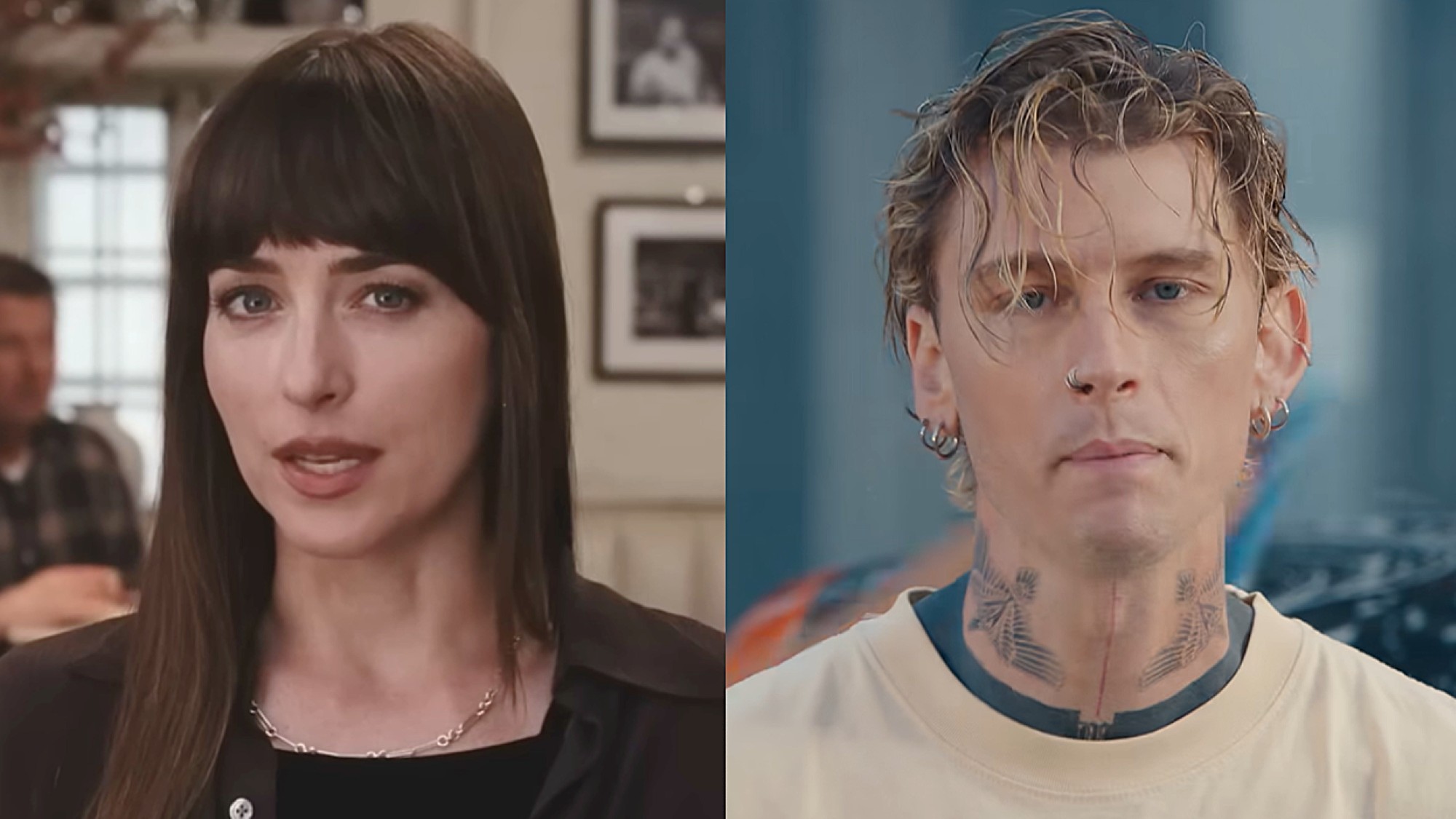 Dakota Johnson in Materialists, Machine Gun Kelly in "Cliche" music video