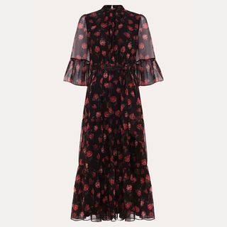 A cut out of a Phase Eight Floral Textured black and red Midi Dress on a light background