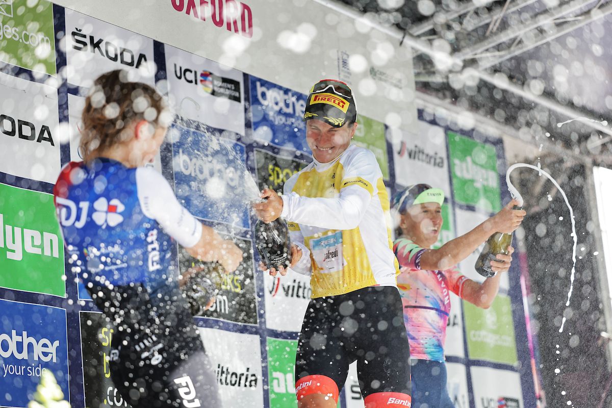 Picture by Alex Whitehead/SWpix.com - 11/06/2022 - Cycling - The Women&acirc;s Tour 2022 - Stage Six - Chipping Norton to Oxford, England - Elisa Longo Borghini of Team Trek Segafredo winning the over all general classification with Grace Brown of Team FDJ Nouvelle Aquitaine Futuroscope in second and Katarzyna Niewiadoma of Team Canyon SRAM Racing in third