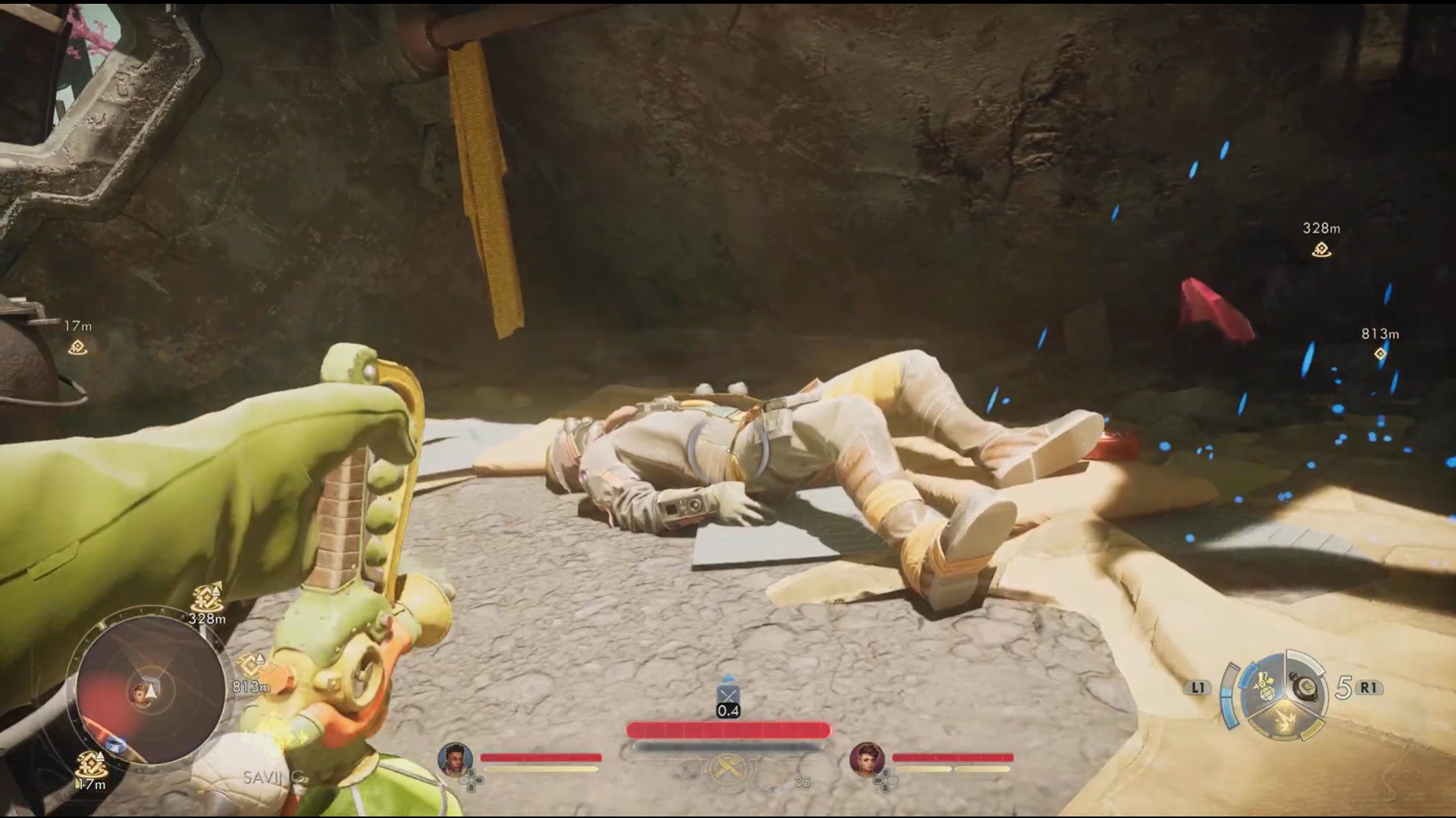 The Outer Worlds 2 screenshot showing the player approaching a dead enemy with Auntie's Acidic Dematerializer