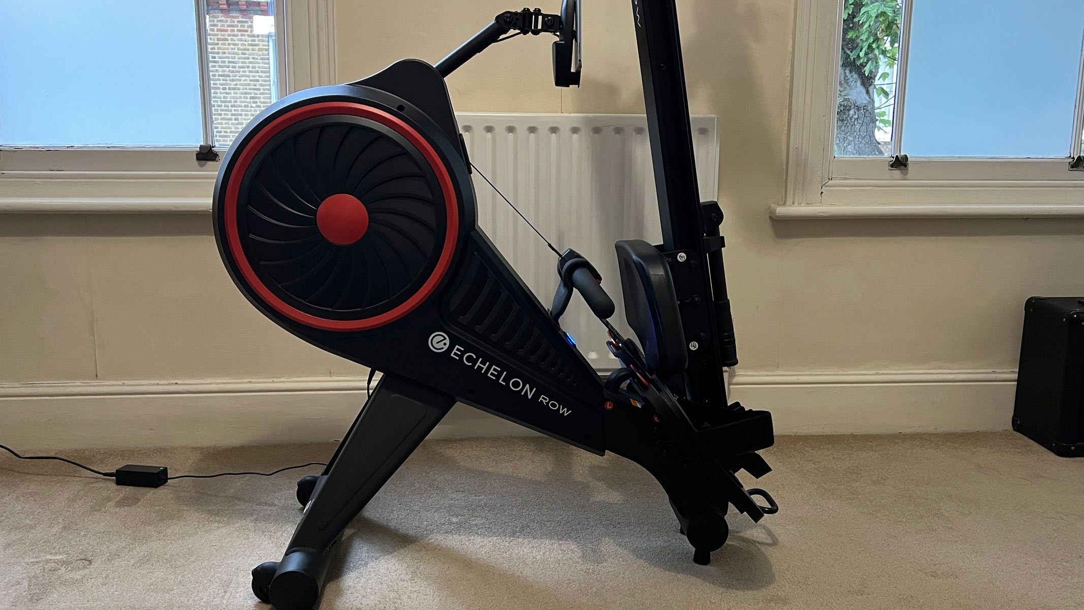 Echelon Smart Rower being stored upright