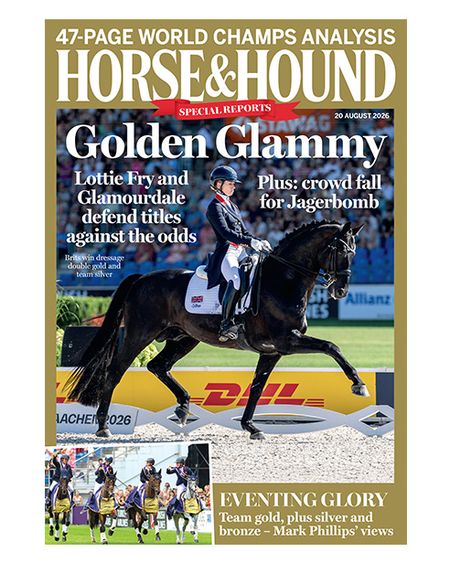 Horse & Hound magazine cover featuring Lottie Fry and Glamourdale in passage, with a gold background and an inset picture of the British eventing team on their lap of honour with gold medals
