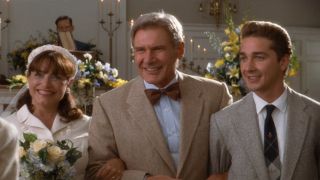 Karen Allen, Harrison Ford, and Shia LaBeouf, smiling arm in arm at the wedding in Indiana Jones and the Kingdom of the Crystal Skull.
