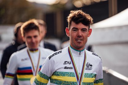 Ben O&#039;Connor after the podium at the World Championships, with Tadej Pogačar shadowing