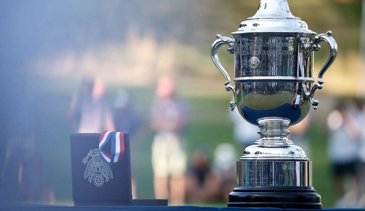 A close up of the US Women&#039;s Open trophy