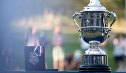A close up of the US Women's Open trophy