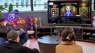 Amazon Luna GameNight Hub on TV with Courtroom Chaos on display with people sitting around TV
