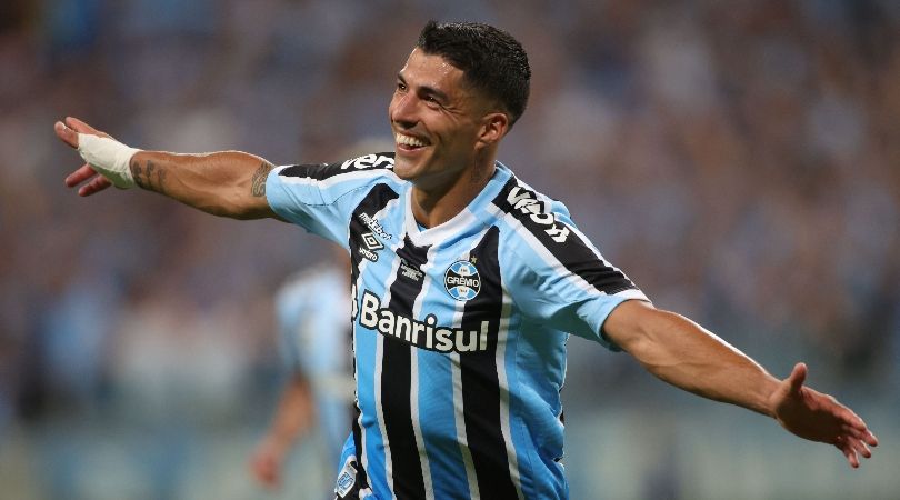 Luis Suarez celebrates after scoring for Gremio in January 2023.