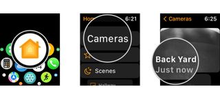 How to control your HomeKit camera in the Home app on the Apple Watch by showing steps: Launch the Home app, Tap Cameras, Tap your Camera.
