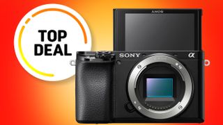A Sony mirrorless camera with a tilting screen and E-mount, highlighted with a "Top Deal" graphic on a vibrant background