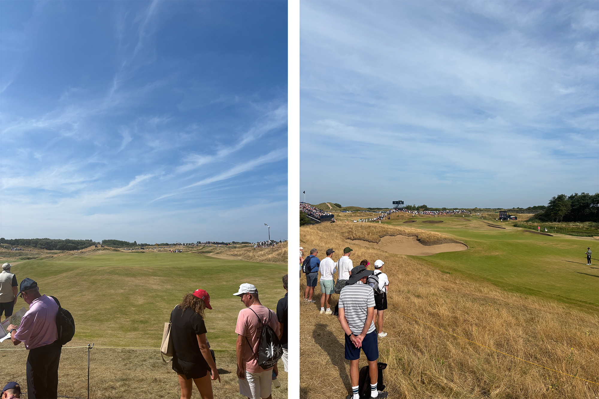 Side-by-side images taken by Baz Plummer at the event of fans on different holes at Royal Birkdale on the opening day of the Open Championship 2026