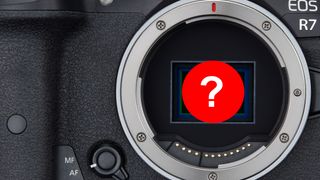 Close-up of a Canon EOS R7 camera mount with a red question mark overlaying the image sensor area
