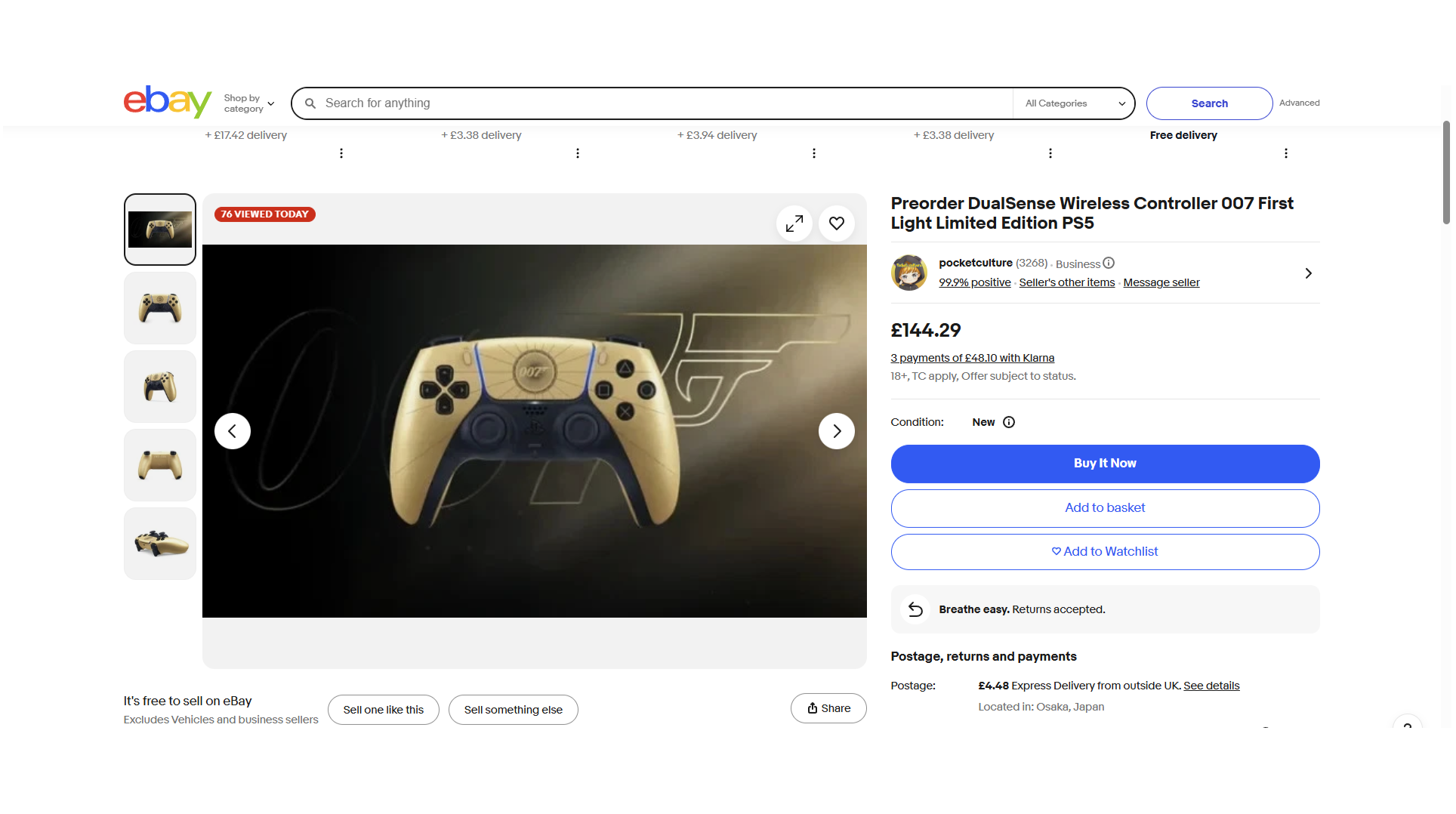 An eBay screenshot showing the 007 DualSense on sale for &amp;pound;144.29.