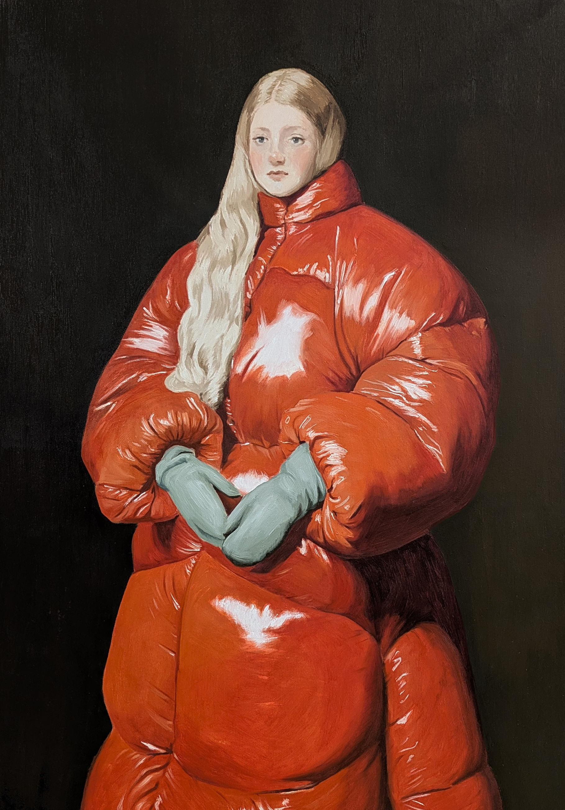A painted portrait of a person in a quilted coat seated against a dark background
