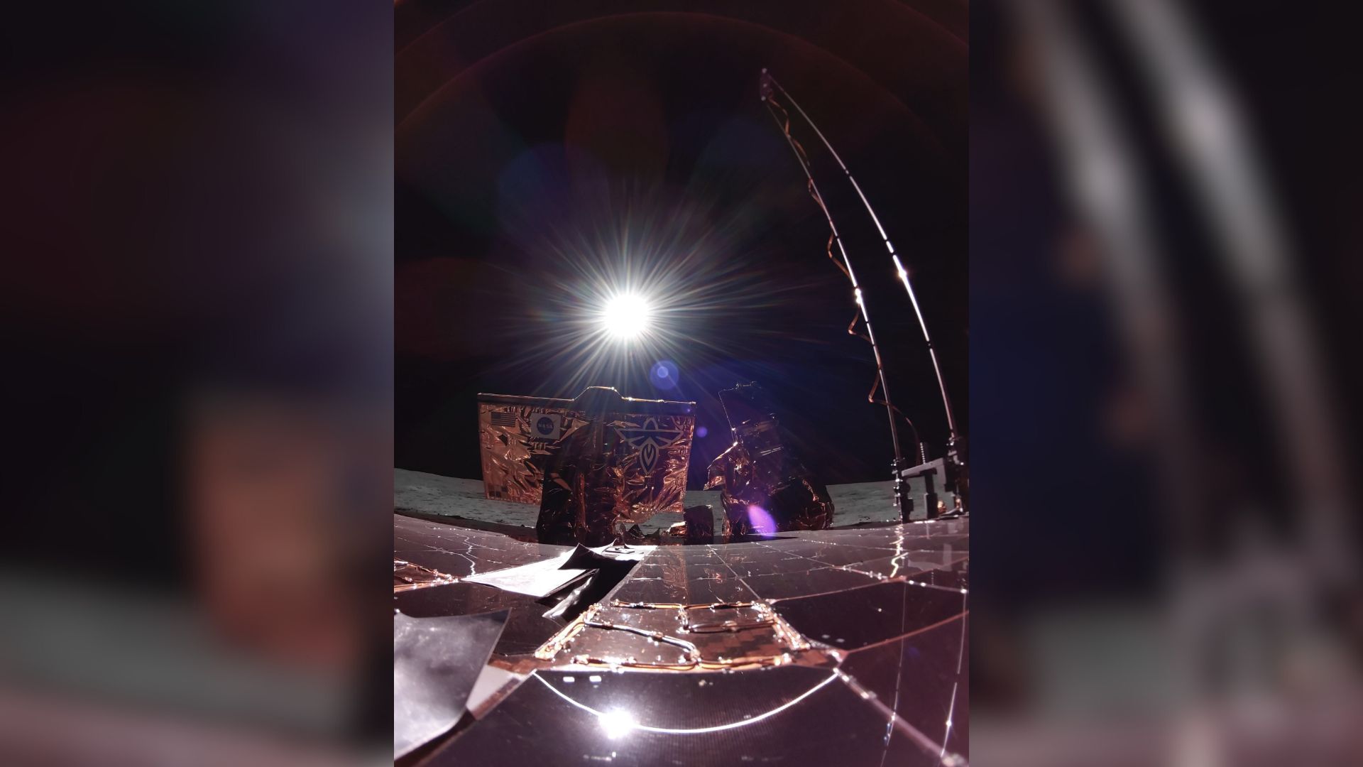 A metal machine peers from the moon toward the sun in outer space