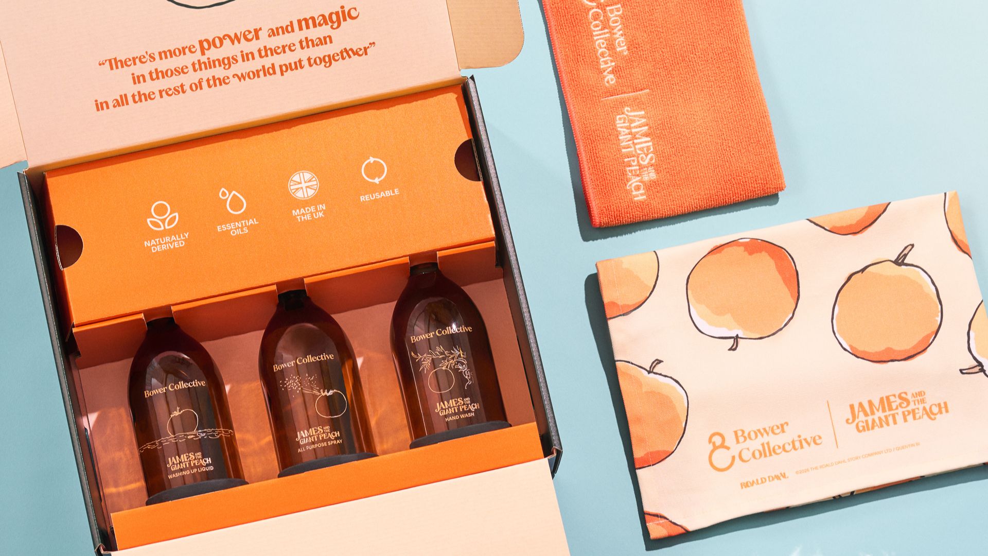 Bower Collective James And The Giant Peach Collection, showing the cleaning spray, hand washing and cleaning liquid in the box
