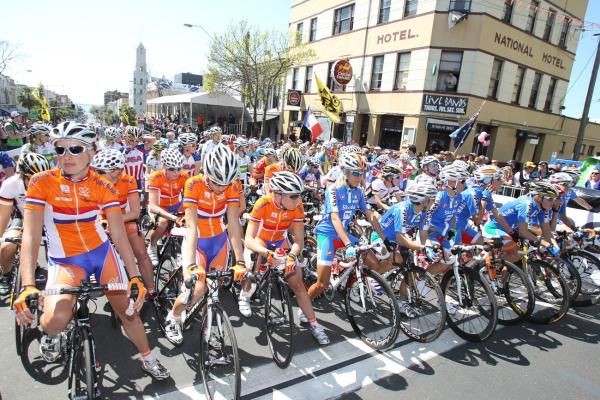 Ready to roll: The peloton gets set for its eight laps.