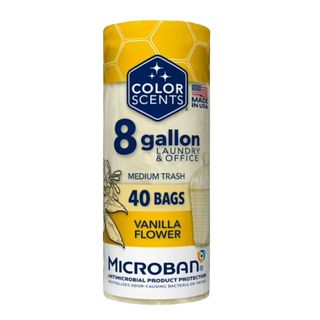 A cylindrical cream vertical tube of Color Scent 8 Gallon Trash Bags