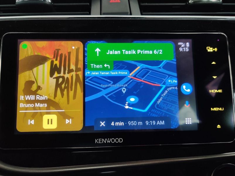 A look at Android Auto's new "Coolwalk" UI split-screen redesign featuring Spotify.