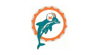 Miami Dolphins logo from 1966, depicting a leaping dolphin wearing a football helmet in front of a sun shape.