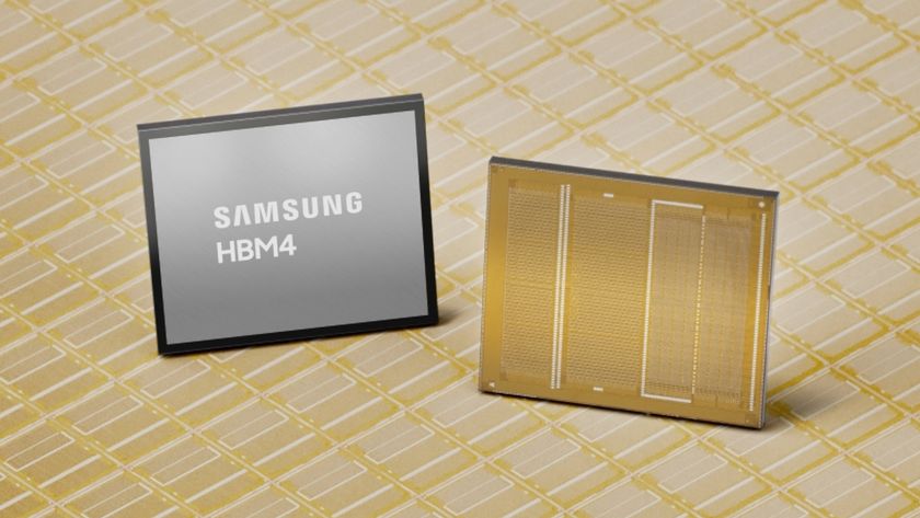 A promotional image of Samsung's HBM4, showing a generic module and a stylized die shot 