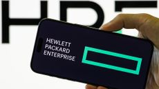 HPE logo and branding pictured on a smartphone screen with separate logo in background.