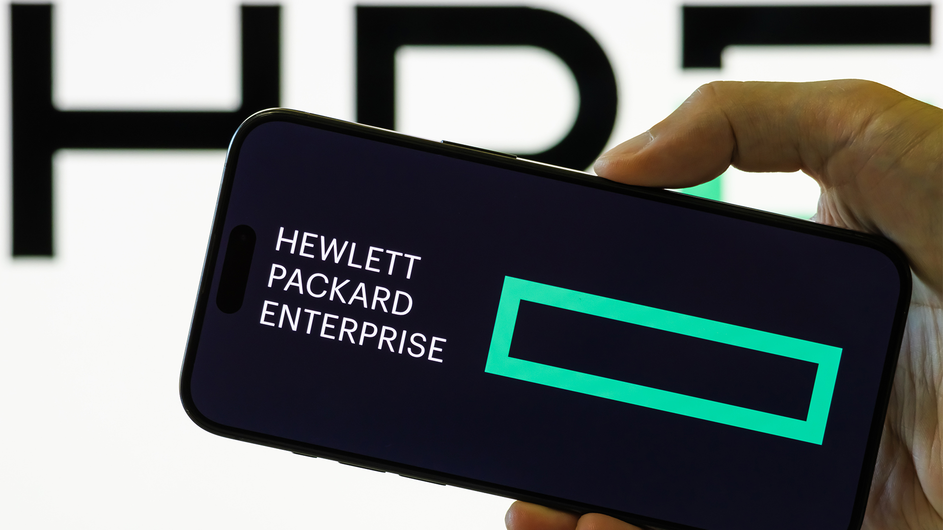 HPE logo and branding pictured on a smartphone screen with separate logo in background.