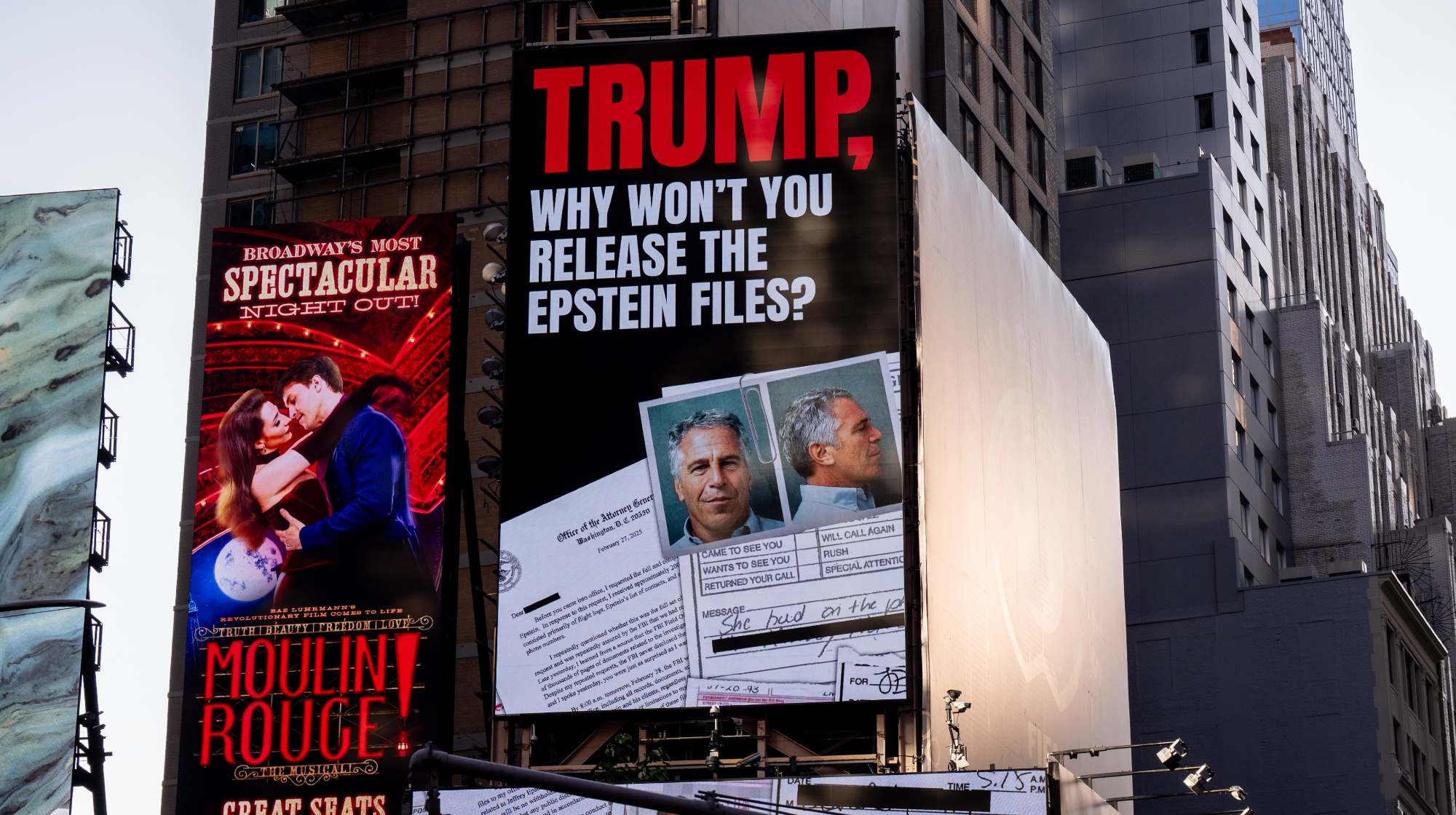 NEW YORK, NEW YORK - JULY 23: A billboard in Times Square calls for the release of the Epstein Files on July 23, 2025 in New York City. Attorney General Pam Bondi briefed President Donald Trump in May on the Justice Department's review of the documents related to the Jeffrey Epstein case, telling him that his name appeared in the files.
