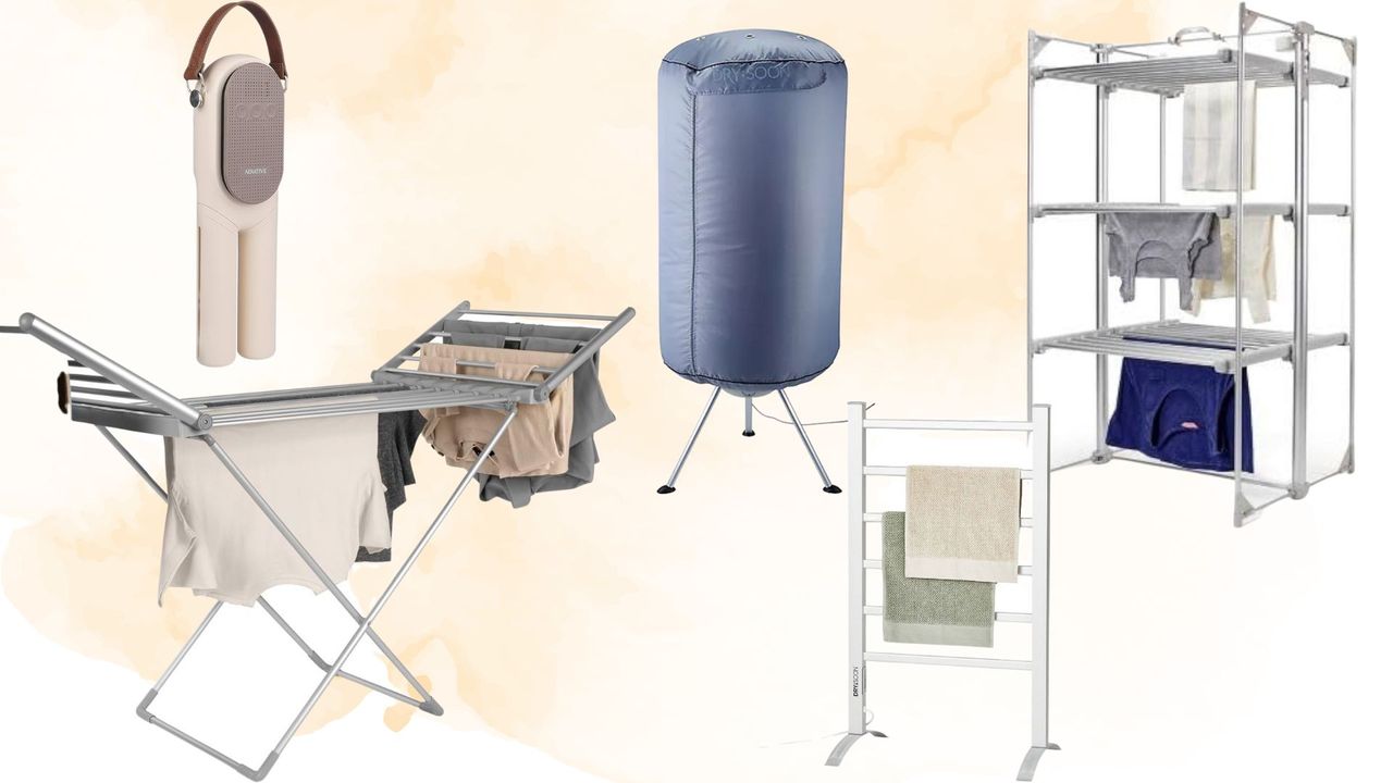 The best heated clothes airers on the market: the Dry:Soon Pod, the Aerative hanger, the Dunelm winged airer, the Dry:Soon 3-Tier Deluxe Airer, and the Dry:Soon ladder on a woman&amp;home pink background