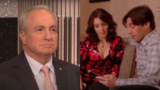 Side by side of Lorne Michaels on SNL and Tina Fey and Jon Hamm on 30 Rock.