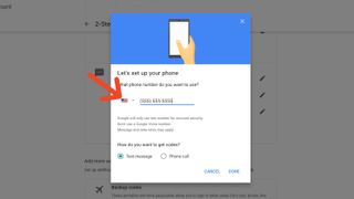 The 2FA menu for adding a phone number and choosing whether to receive a phone call or text message to verify your identity.