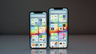 The iPhone 12 Pro Max with apps next to the iPhone 12 Pro with apps.