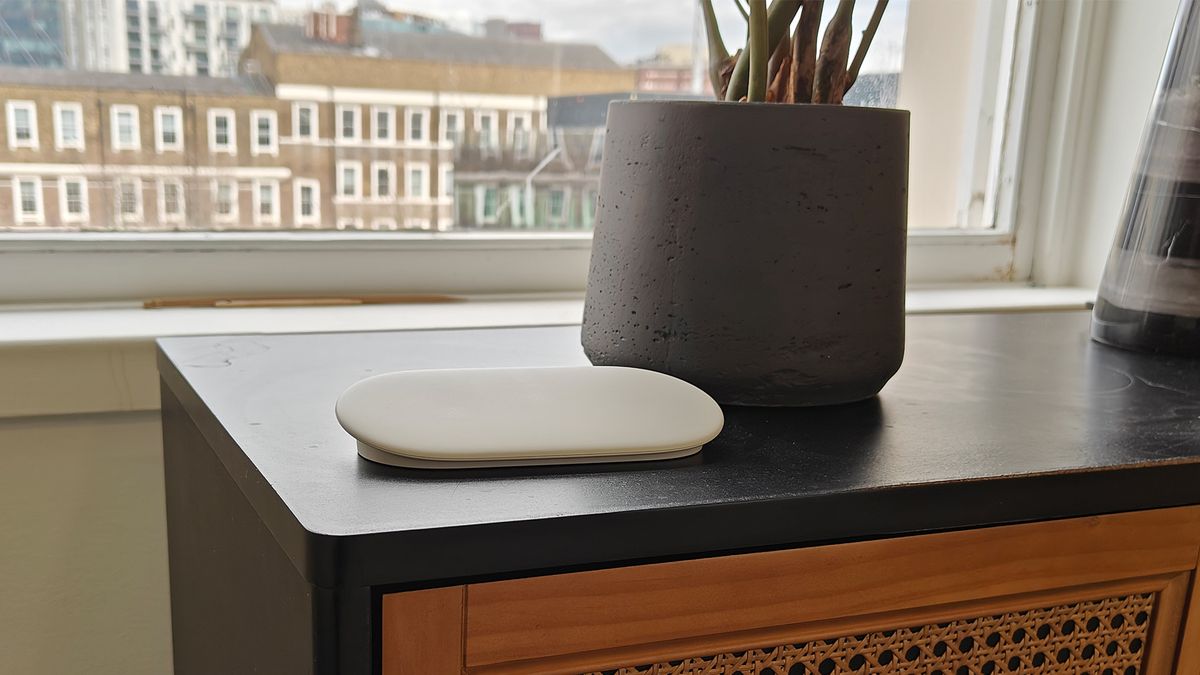 Google TV Streamer video streamer next to plant pot in front of window