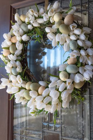 Easter wreath with faux tulips and faux eggs