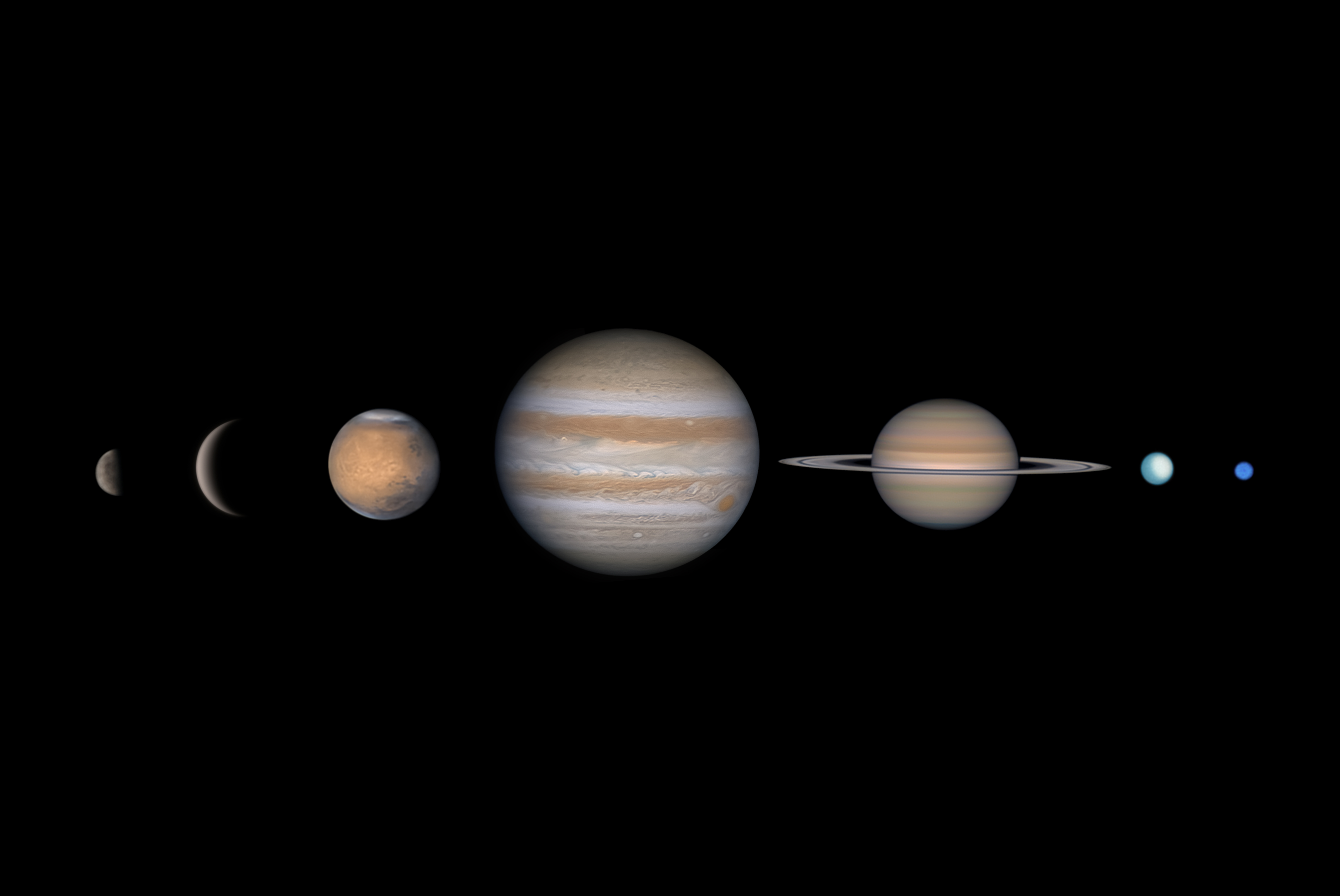 A composite image of all the planets in the solar system against a dark background