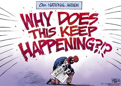 Political cartoon U.S. Las Vegas shooting gun control national anthem