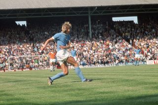 Colin Bell in action for Manchester City against Blackpool in August 1974.