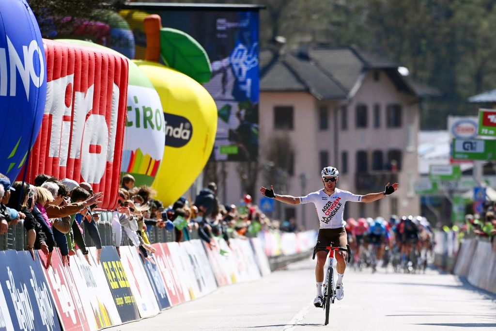 SAN MARTINO DI CASTROZZA ITALY APRIL 18 Geoffrey Bouchard of France and AG2R Citroen Team celebrates winning during the 45th Tour of the Alps 2022 Stage 1 a 1609km stage from Cles to PrimieroS Martino di Castrozza 708m TouroftheAlps on April 18 2022 in San Martino di Castrozza Italy Photo by Tim de WaeleGetty Images
