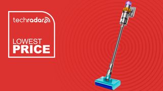 The Dyson V15s Detect Submarine on a red background with the words Lowest Price