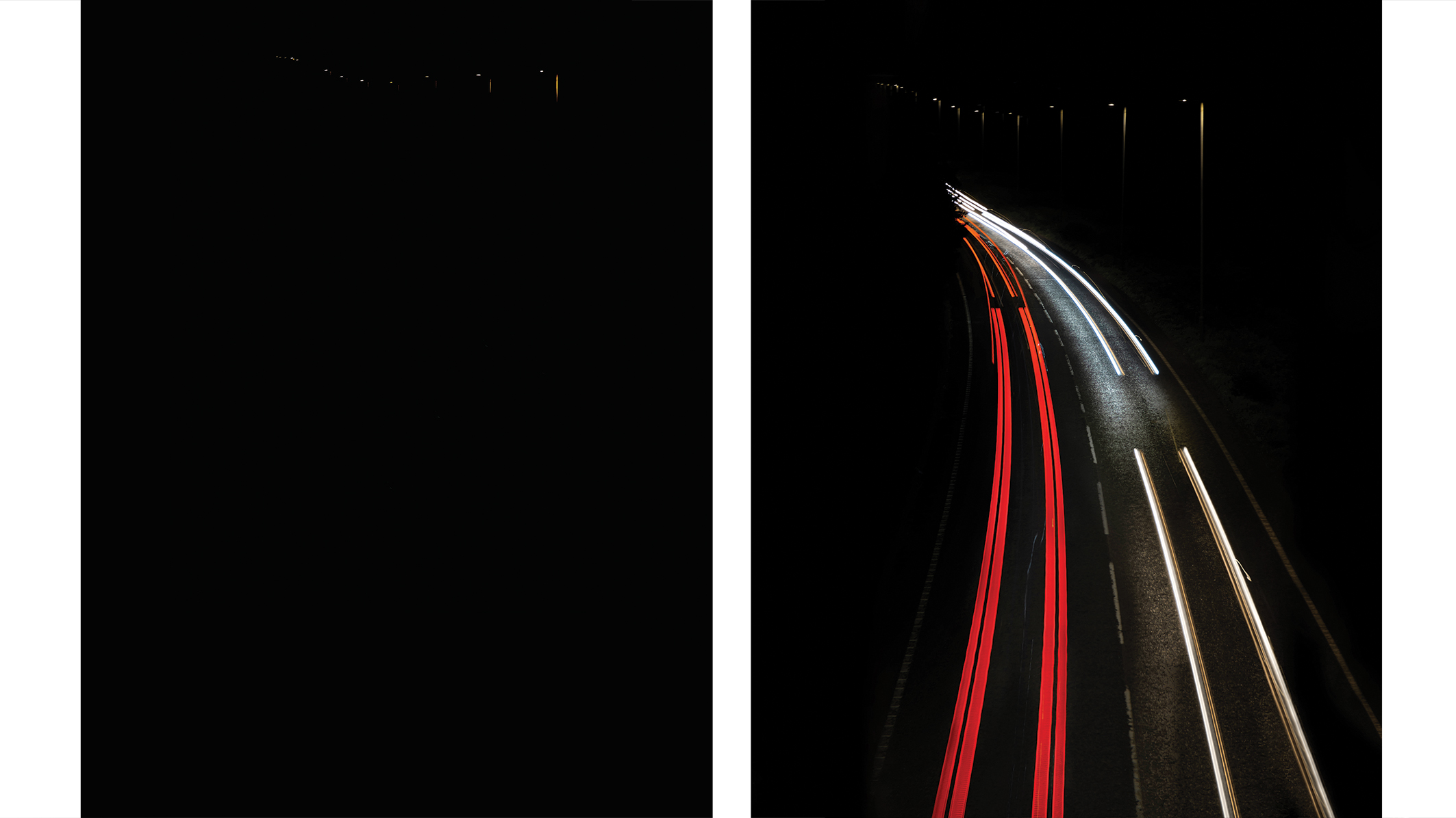 A nighttime highway scene split in two: the left side is dark, while the right side features blurred red and white light trails of passing vehicles