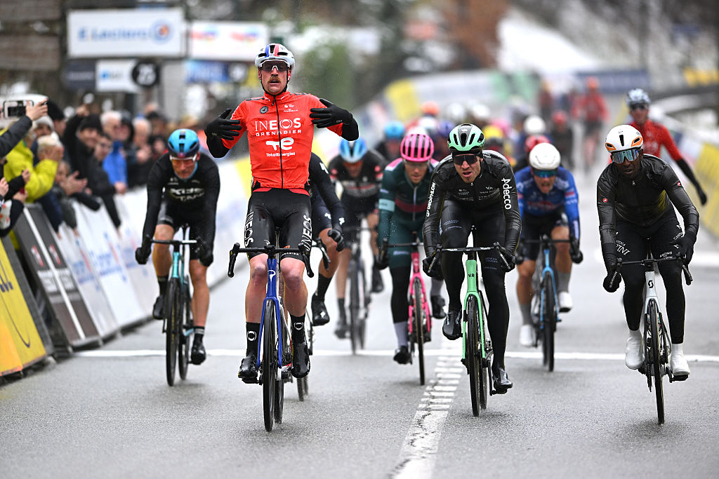 ISOLA, FRANCE - MARCH 14: (L-R) Dorian Godon of France and Team INEOS Grenadiers celebrates at finish line as stage winner ahead of Cees Bol of Netherlands and Team Decathlon CMA CGM and Biniam Girmay of Eritrea and Team NSN Cycling during the 84th Paris-Nice 2026, Stage 7 a 47km stage from Pont Louis Nucera to Isola 855m / Stage shortened due to adverse weather conditions / #UCIWT / on March 14, 2026 in Isola, France. (Photo by Szymon Gruchalski/Getty Images)