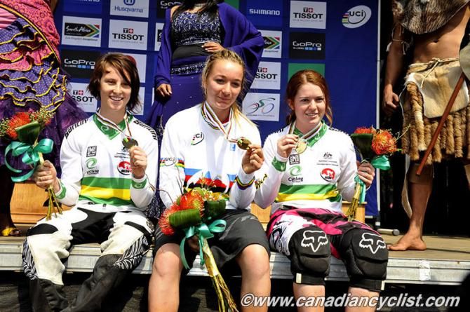 Junior women's downhill world championship podium: Danielle Beecroft (Australia), Tahnee Seagrave (Great Britain) and Tegan Molloy (Australia)