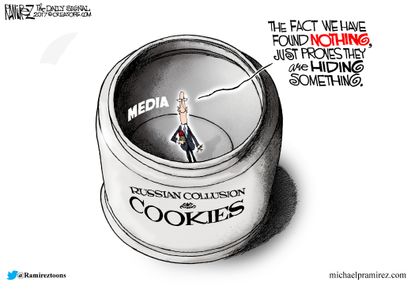 Political cartoon U.S. Trump media news cycle Russia Collusion cookie jar search