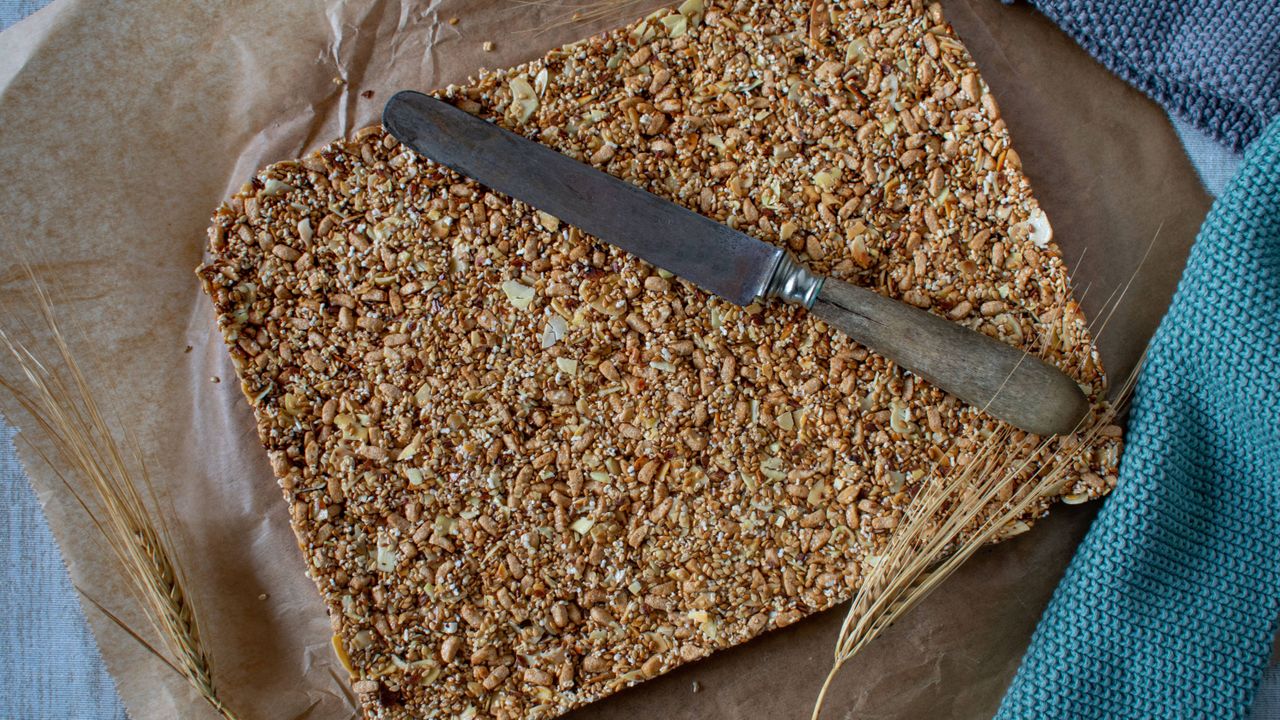 Savoury oatmeal bars in a baking tray 