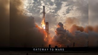 a huge silver rocket launches into a cloudy sky above a sign that reads "gateway to mars"