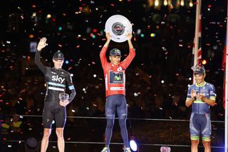 Chris Froome, Nairo Quintana and Esteban Chaves on the podium of the 2016 Vuelta a España