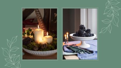 composite of two displays using pinecones for a christmas scent display