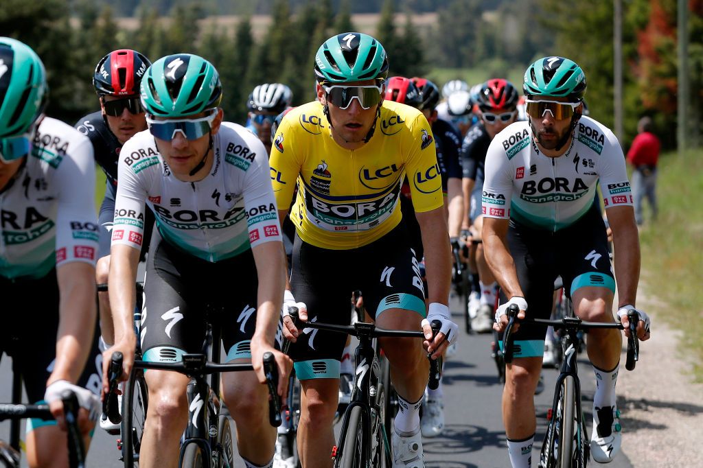 SAINT HAON LE VIEUXON FRANCE JUNE 01 Lukas Pstlberger of Austria and Team Bora Hansgrohe yellow leader jersey during the 73rd Critrium du Dauphin 2021 Stage 3 a 1722km stage from Langeac to Saint Haon Le Vieuxon UCIworldtour Dauphin dauphine June 01 2021 in Saint Haon Le Vieuxon France Photo by Bas CzerwinskiGetty Images